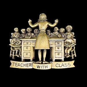 Vintage JJ Gold Tone Teacher With Class Brooch (5071)